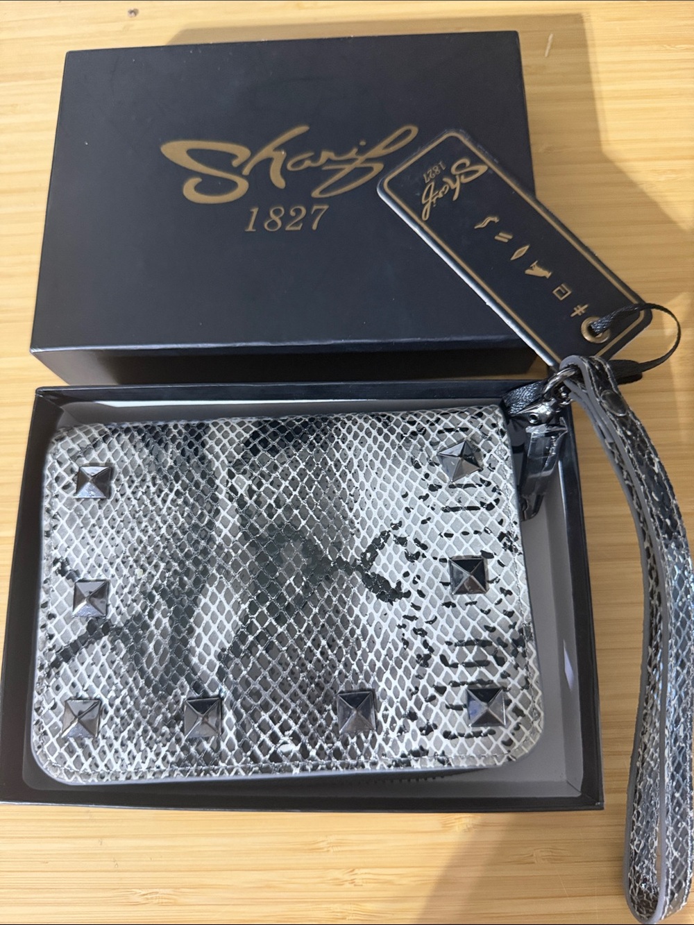 Sharif 1827 Snake Print Studded Wristlet Wallet - Black & Gray